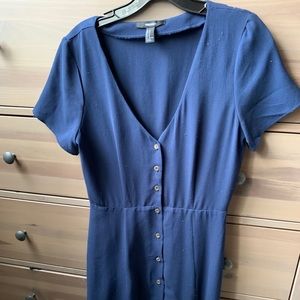 Blue Button V Neck Dress
